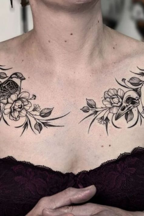 A bird, skull, and flowers chest tat is an artistic tattoo idea for women looking for a blend of beauty and symbolism. This tattoo for female body art lovers offers a striking mix of nature and gothic elements. Dove Chest Tattoo Female, Elegant Chest Tattoo, Gothic Chest Tattoo Female, Floral Chest Tattoo Female, Unique Chest Tattoo Female, Chest Tattoo Flowers, Tattoo Idea For Women, Tattoo For Female, Chest Neck Tattoo