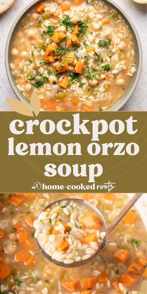 Enjoy a bowl of Easy Creamy Lemon Orzo Soup, perfect for a comforting meal. This vegetarian and vegan-friendly recipe is made with chickpeas for added protein. Simple to prepare in a crockpot, it's a delicious and meatless option for any day of the week. Crockpot Orzo Soup, Creamy Lemon Orzo, Soup With Chickpeas, Lemon Orzo Soup, Slow Cooker Lemon Chicken, Lemongrass Soup, Chicken Soup Crockpot, Orzo Soup Recipes, Lemon Orzo