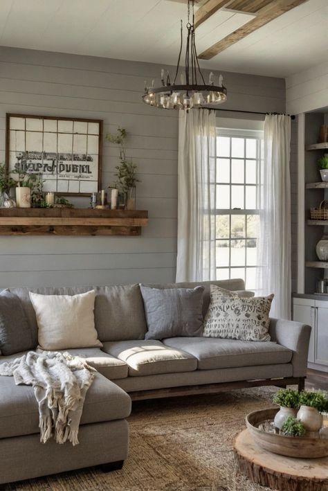 Discover the perfect blend of rustic charm and modern elegance in the upcoming trend of Modern Farmhouse decor for 2024. Explore the latest fusion of styles in this must-read article. #ad     #Colortrend #wallpaint2024  #color2024  #DIYpainting  ##DIYhomedecor  #Fixhome Grey Farmhouse Interior, Industrial Farmhouse Living Room Sofas, Modern Farmhouse Living Room Furniture Ideas, Modern Farmhouse Living Room Wall Color, Modern Farmhouse Interior Decor, Living Room Inspiration Modern Farmhouse, Modern Farmhouse With Color, 2024 Farmhouse Trends, Modern Farmhouse Decorating Ideas