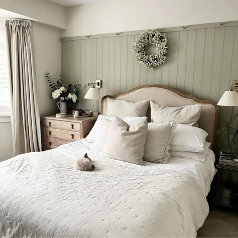 Grey Carpet Green Walls Bedroom, Sage Green Bedroom Oak Furniture, Bedroom With Sage Green Accent Wall, Neptune Moss Paint Bedroom, Pale Sage Bedroom, Room Panelling Ideas Bedroom, Lichen Farrow And Ball Bedroom, Sage Panelling Bedroom, Sage Green Bedroom Panelling