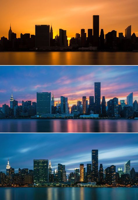 City skyline at three times of day. Serenity Now, Long Exposure Photography, Nyc Skyline, Night Scenery, Diy Photography, Blue Hour, Dream City, Cool Pictures Of Nature, Jersey City