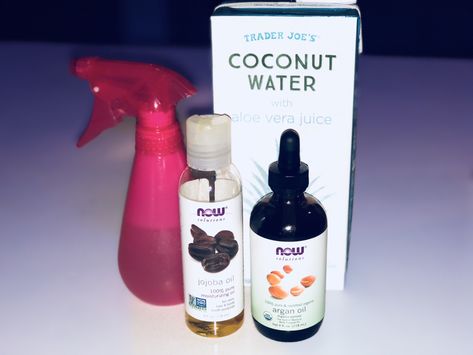 Basically this is my version of a leave in conditioner in spray form. I spray this onto my hair before I apply mymoisturizing oil blend and mango butter moisturizer. Hair comes out super fleeky and my curls are left so soft and fluffy, and most importantly hydrated! This spray is coconut water & aloe vera… Coconut Oil Hair Mask Diy, Natural Hair Spray, Coconut Oil Mask, Oil For Curly Hair, Coconut Oil Hair Growth, Diy Coconut Oil, Aloe Vera Skin Care, Coconut Oil Hair Mask, Coconut Oil Recipes