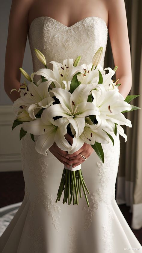 Wedding Lily Bouquets, Lily Flowers Wedding Decor, Lilies Bridesmaid Bouquet, Wedding Bouquets Bride Elegant, White Bridal Bouquet Elegant, White Wedding Ideas With Elegance, Casablanca Lily Bouquet, White Lily Bridal Bouquet, Lilys Wedding Bouquet