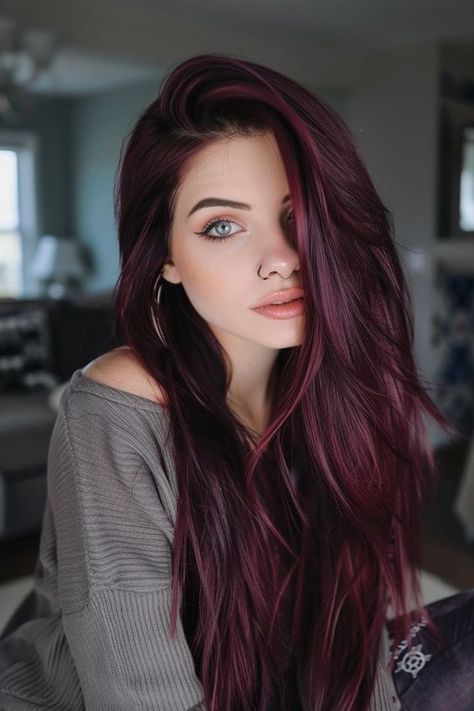 Update your look with our top picks of 24 trendy dark cherry hairstyles. This modern color is perfect for anyone seeking a noticeable yet sophisticated change. Don't wait, click through to see more styles and find your new favorite rich hue today! Subtle Fun Hair Color, Her Hairstyles, Burgundy Violet Hair, Grown Up Pigtails, Medium Contrast Hair Color, Red And Black Hair Color Ideas, Dark Red And Pink Hair, Literally Me Characters 6 Pictures, Burgundy Hair Pale Skin