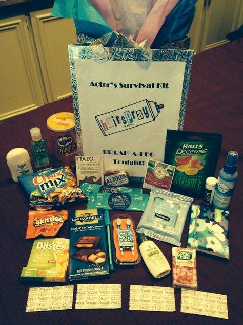 I made this "Actor Survival Kit" for both of my daughters who are in their high school theater production of the musical, Hairspray!  In it are snacks, candies, Throat Coat and other tea bags, vitamin c drops, Advil, febreeze, band aids, hand sanitizer, and other much needed mini toiletries. Mini Toiletries, Theatre Diy, Performance Gift, Cast Gifts, Stage Manager, Theatre Gifts, Survival Supplies, Survival Kits, Drama Club