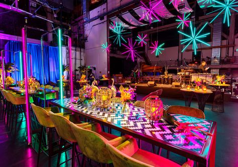 Retro Event Design, Electric Party Theme, Restaurant Planning, Electric Forrest, Gala Planning, Havana Nights Theme, San Francisco Symphony, Tall Floral Arrangements, Catering Design