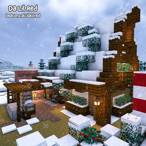 Minecraft Arctic Fox Enclosure, Snow Home Minecraft, Spruce Snow House Minecraft, Mincraft Idea Houses Christmas, Minecraft Snow Aesthetic, Winter Home Minecraft, Winter Log Cabin Minecraft, Minecraft Christmas Aesthetic, Aesthetic Minecraft Christmas Builds