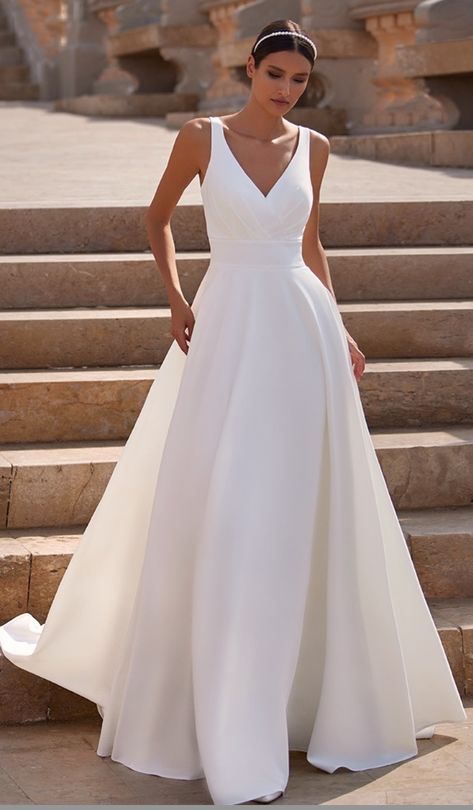 V Neck Bride Dress, Moonlight Bridal Wedding Dress, Modern Ball Gown Wedding Dress, Align Wedding Dress, V Neck A Line Wedding Dress, Classic Timeless Wedding Dress, Wedding Dress Inspo Elegant, Aline Satin Wedding Dress, Elegant Summer Wedding Dress