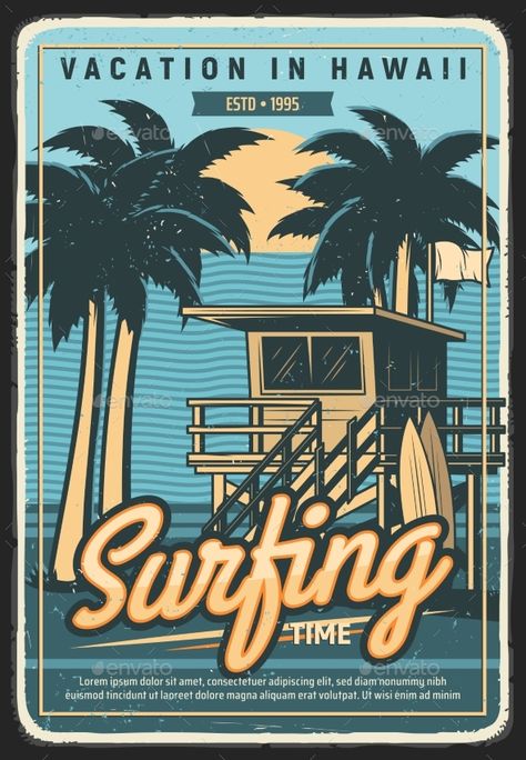 Hawaii Vacation Surfing Retro Vector Poster #Ad #Surfing, #Vacation, #Hawaii, #Poster Surfing Aesthetic Poster, Vintage Beach Posters Prints, Retro Vector Art, Summer Posters For Room, Retro Beach Poster, Retro Surf Poster, Billabong Poster, Retro Surf Aesthetic, Retro Beach Art