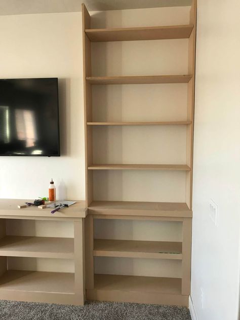 Built Ins On Carpet, Diy Built In Bookcase With Cabinets, Built In Alternatives, Diy Living Room Built Ins With Tv, Modern Living Room Built Ins, Narrow Built In Shelves, Large Built In Shelves Living Room, Diy Built In Bookcase Fireplace, How To Build Built In Bookshelves