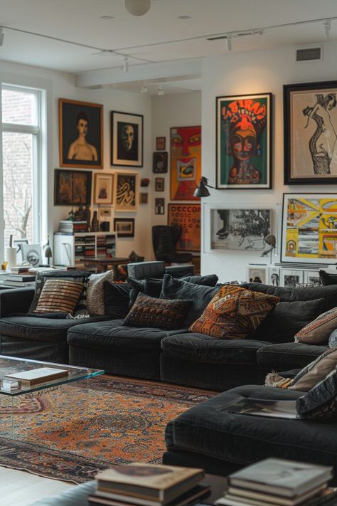 Maximalist Decor Mid Century, Black Couch Eclectic Living Room, 20s Home Interior, Random Decor Aesthetic, Black Eclectic Living Room, Harlem Deco Home, Eclectic Man Cave, Eclectic Movie Room, Modern Sleek Interior Design