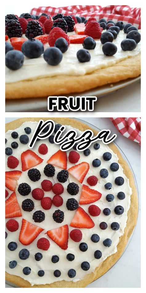 Red White and Blue Fruit Pizza Red White Blue Fruit Pizza, 4th Of July Fruit Pizza, Red White And Blue Fruit, Sugar Cookie Pizza, Dip Recipes Appetizers, Cream Cheese Sugar Cookies, Ice Cream Drinks, Fruit Pizza Recipe, Blue Fruit