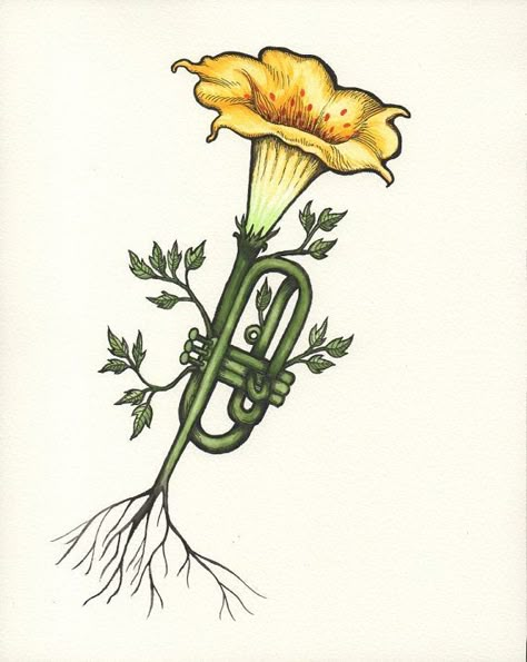 Trumpet Flower Tattoo, Yellow Trumpet Flower, Trumpet Tattoo, Trumpet Plant, Musical Instruments Drawing, Tattoo Music, Trumpet Flower, Music Tattoo Designs, The Deep South