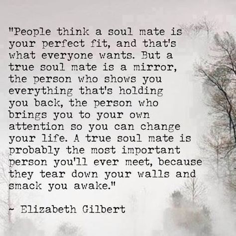 People think a soul mate is your perfect fit, and that's what everyone wants. But a true soul mate is a mirror, the person who shows you everything that is holding you back, the person who brings you to your own attention so you can change your life. A true soul mate is probably the most important person you'll ever meet, because they tear down your walls and smack you awake. -Elizabeth Gilbert Elizabeth Gilbert Quotes, Die Antwoord, Elizabeth Gilbert, Soulmate Quotes, Eat Pray Love, After Life, The Subject, What’s Going On, Hopeless Romantic