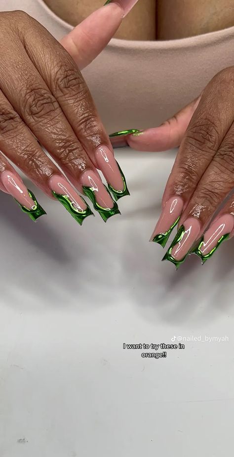 Melted Nail Art, Long Green Nails Acrylic, Green Prom Nails Short, Green Nail Designs Coffin, Green Drip Nails, Green Classy Nails, Green Square Acrylic Nails, Edgy Short Nails, Green Nail Inspo Acrylic