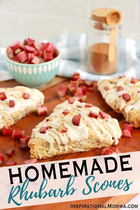 Homemade scones combine the classic, slightly sweet biscuit flavor of scones with the tang of rhubarb and a delicious vanilla glaze. #inspirationalmomma #homemadescones #homemaderhubarbscones #rhubarbscones Scone Flavor Combinations, Sourdough Rhubarb Recipes, Easy Rhubarb Scones, Strawberry Rhubarb Scones Recipe, Rhubarb Scones Recipe, Gluten Free Rhubarb Scones, Rhubarb Bread Recipe Sour Cream, Scone Flavors, Rhubarb Scones Sour Cream