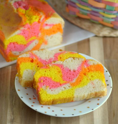 Tie Dye Easter Loaf Cake Rainbow Loaf Cake, Easter Loaf Cake, Colorful Bread, Snacking Cakes, Pan Desserts, Buttermilk Pound Cake, Easter 2024, Orange Food Coloring, Spring Treats