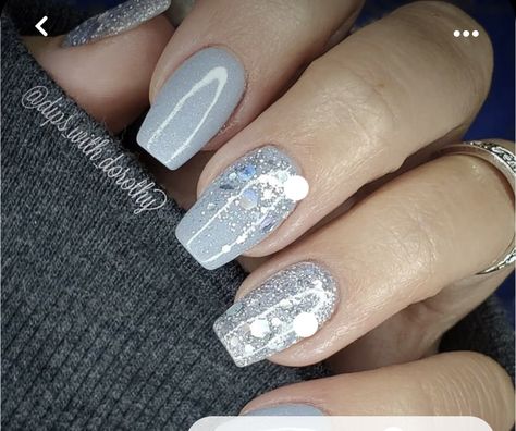 Powder Blue And Silver Nails, Gray Holiday Nails Sparkle, Winter Nails Grey Blue, Powder Dip Nails Winter, Cute Short Square Nails Winter, Winter Blue Nails Dip Powder, Gel Nails Ideas Winter 2023, Pale Grey Nails, Bright Nails For Winter