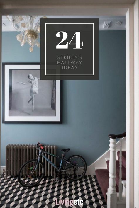 Hallway Tiled Flooring Ideas, Dark Hallway Decorating Ideas, Hallways Paint Ideas, Hallway Decorating Blue, Traditional Hallway Ideas, Dramatic Hallway Ideas, Hall Stair And Landing Colour Ideas, Funky Hallway, Hallway Ideas Blue