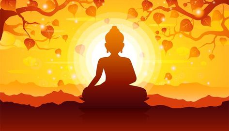 Buddha sitting under bodhi tree on sunse... | Premium Vector #Freepik #vector #background #silhouette #peace #buddha Buddha Quotes On Karma, Buddha Art Drawing, Bodhi Tree, Gautama Buddha, Background Design Vector, Sunset Background, Divine Light, Buddha Image, Buddha Art