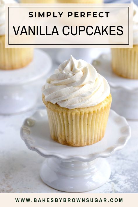 You're going to love this easy recipe for classic Vanilla Cupcakes. These homemade cupcakes are soft, fluffy, and full of delicious vanilla flavor making this recipe the only recipe you’ll ever need. Get the recipe at Bakes by Brown Sugar. Small Batch Vanilla Cupcakes, Best Vanilla Cupcakes, Best Vanilla Cupcake Recipe, Small Batch Cupcakes, Moist Vanilla Cupcakes, Vanilla Bean Cupcakes, Homemade Buttercream Frosting, Moist Cupcakes, Vanilla Cupcake Recipe