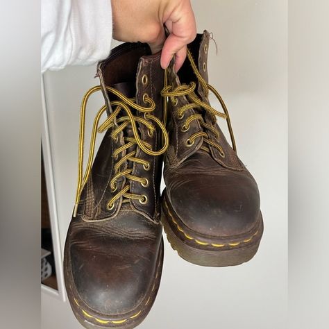 Doc martens classic brown leather yellow laces Brown Doc Martens, Classic Brown, Yellow Lace, Dr Martens Shoes, Martens Shoes, Doc Martens, Brown Leather, Boots, Yellow