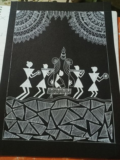 #made on black paper# beautiful bride Paintings On Black Paper, Painting On Black Paper, Art On Black Paper, Warli Paintings, Warli Painting, Warli Art, Folk Painting, Art Village, Geometric Drawing