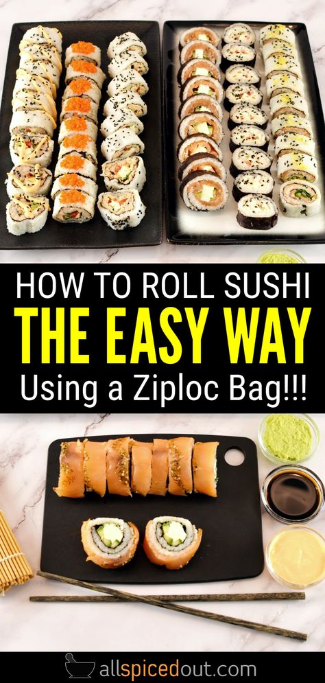 The Best Easy Sushi Rolls To Make at Home - All Spiced Out How To Make Sushi Rolls At Home, Easy Sushi Rolls At Home Without Seaweed, Lobster Artichoke Dip, Easy Sushi Rolls At Home, Sushi Recipes California Roll, Diy Sushi Rolls, How To Roll Sushi, Easy Sushi Rolls, Making Sushi At Home