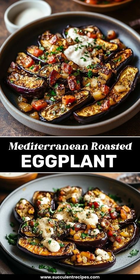 Delight in this Roasted Mediterranean Eggplant with Garlic and Herbs! A healthy and flavorful dish that’s perfect as a side or a vegetarian main course. Eggplant Whole 30 Recipes, Vegetarian Ideas Dinners, Eggplant And Brussel Sprouts Recipes, Mediterranean Recipes Eggplant, Eggplant Recipes Middle Eastern, Eggplant And Fish Recipes, Mediterranean Aubergine Recipes, Mediterranean Recipes Vegetables, Vegetarian 3 Course Meal