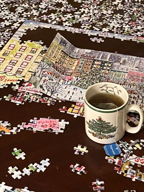 Peppermint tea Christmas tree mug tea bag puzzle Anthropologie Christmas Winter Inside Aesthetic, Christmas Puzzle Aesthetic, Christmas At Home Activities, Peppermint Aesthetic, Cozy Aesthetic Christmas, Puzzle Aesthetic, Cozy December, Quiet Christmas, Christmas Dates