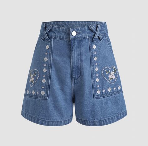 Embroidery Heart Pattern, Embroidery Heart, Floral Denim Shorts, Embroidery Denim, Mini Shorts, Heart Pattern, Straight Leg Trousers, Simple Outfits, Floral Embroidery