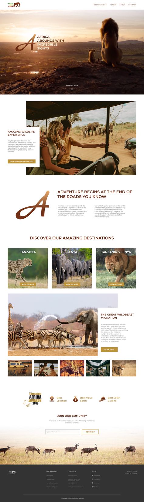 Safari Website Design on Behance Safari Website Design, Safari Branding, Safari Website, Tourism Website Design, Sausage Tree, Church Website Design, Travel Branding, Africa Tourism, Travel Website Design