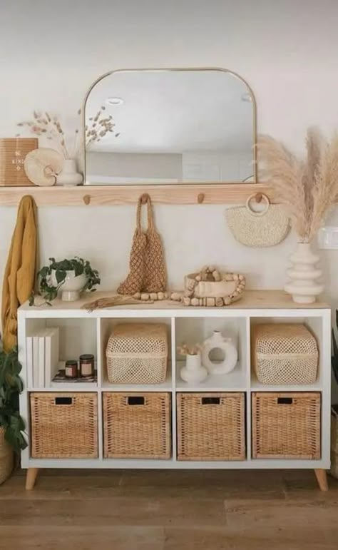 a boho chic storage unit made of an IKEA Kallax piece with storage baskets and a wooden countertop is a perfect idea for a boho space Ikea Storage Units, Small Studio Apartment Decorating, Ikea Kallax Shelf, Kallax Shelf, Ikea Finds, Ikea Living Room, Boho Space, Ikea Kallax, Home Nails