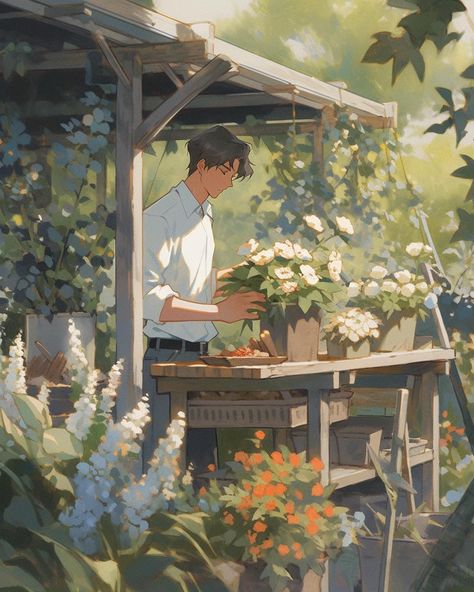 Anime Guy Flowers, Gardening Drawing Reference, Anime Garden Aesthetic, Anime Gardening, Guy With Flowers, Secret Garden Painting, Garden Digital Art, Anime Garden, Anime Cottagecore