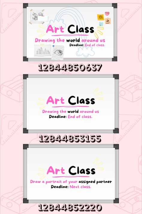 I made two versions: one with looots of design and one plain one for those who prefer a more simple type. I hope you enjoy these bloxburg decals for your art class rps<3 Thank you for always requesting and giving ideas! #roblox #bloxburg #bloxburgdecals #robloxdecals #bloxburgschooldecals #bloxburgschool #robloxschool #bloxburgwhiteboard #bloxburgartclass Bloxburg School Floor Plans, Maths Decals Bloxburg, Bloxburg Building Ideas School, Bloxburg School Room Decals, Math Classroom Bloxburg, Bloxburg Teenage Room Decals, Art Classroom Bloxburg, Bloxburg Town List, Bloxburg Classroom Decals Codes