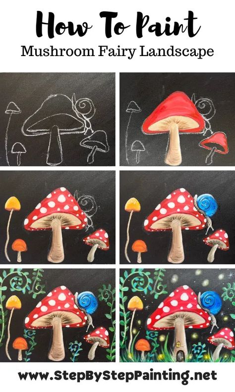 Cute Paint Night Ideas, Step By Step Mushroom Painting, Mushroom Fairy Garden Drawing, Mushroom Forest Painting Easy, Mushroom Door Painting, Woodland Painting Ideas, Fall Mushroom Painting, Mushroom Acrylic Painting Easy, Diy Mushroom Painting