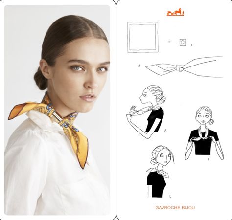 How to tie a scarf the Hermes way - Gavroche Bijou Hermes Scarf Tying, Hermes Twilly Scarf, Tie A Scarf, Hermes Twilly, Scarf Knots, Twilly Scarf, Ways To Wear A Scarf, How To Wear A Scarf, Scarf Outfit