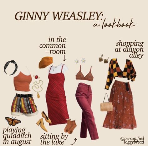 Ginny Weasley Outfits Aesthetic, Fred Weasley Inspired Outfits, Ginny Weasley Inspired Outfits, Ginny Weasley Aesthetic Outfit, Weasley Aesthetic Outfit, Gryffindor Aesthetic Outfit, Weasley Outfits, Danganronpa Outfits, Ginny Weasley Outfits