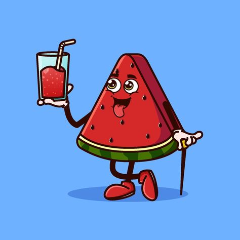 Cute Watermelon fruit character with Watermelon juice on hand. Fruit character icon concept isolated. flat cartoon style Cute Juice Drawing, Creative Juice Illustration, Fruit Characters Illustration, Watermelon Juice Illustration, Vector Fruit Illustration, Watermelon Cartoon, Cute Watermelon, Watermelon Fruit, Watermelon Juice