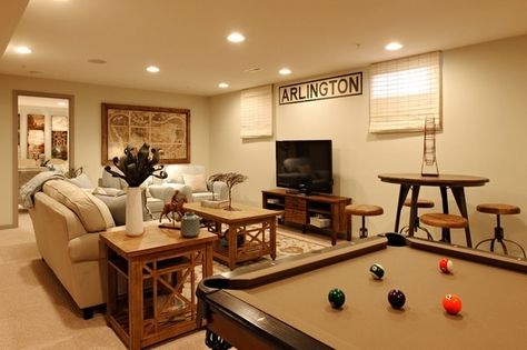 small basement ideas family room pool table sofa wooden side tables Basement Window Coverings, Egress Window Cover, Basement Window Curtains, Basement Window Treatments, Small Pool Table, Small Basement Design, Basement Window, Wooden Side Tables, Pool Table Room