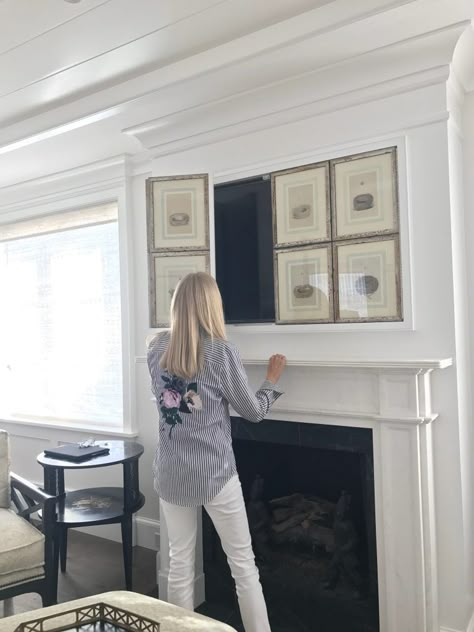 The perfect way to hide your TV! Hide Tv Over Fireplace, Beach House Master, Tv Above Fireplace, Tv Over Fireplace, Hidden Tv, Tv Covers, The Mantle, Fireplace Remodel, Beach House Interior