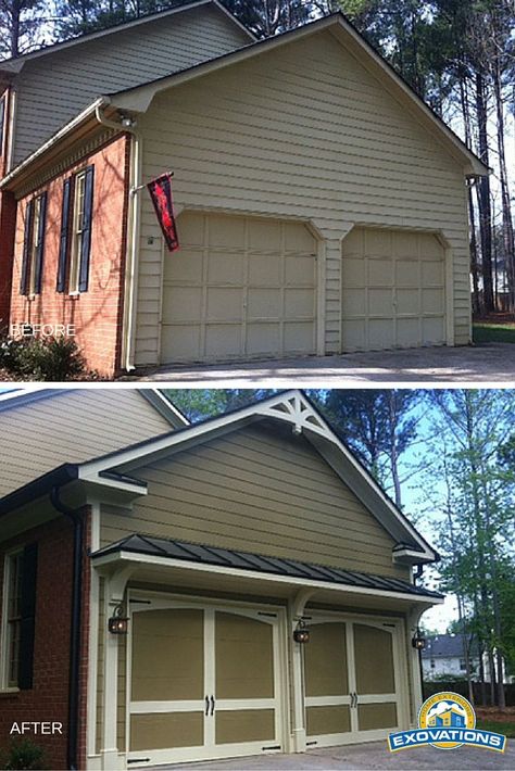 This home makeover included an update to the garage. The custom look was achieved by reshaping the door openings, adding a metal-roofed eyebrow and decorative brackets under the eaves, and new exterior lighting. The carriage-style doors were painted to match the home's new paint scheme. | Atlanta Garage Door Replacement | EXOVATIONS Garage Door Trim, Door Overhang, Garage Door Types, Garage Exterior, Ranch Exterior, Garage Makeover, Exterior Makeover, Home Makeover, Exterior Remodel