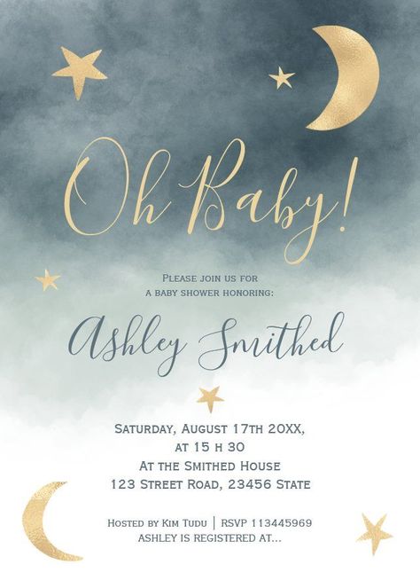 Cute Gold Moon Stars Blue Watercolor Baby Shower Invitation #girlbabyshowerinvitations #babyshowerinvitations #zazzle #zazzleinvitation #virtualshower #showerbymail #drivebyshower #couplesshowerinvitations #woodlandbabyshowerinvitations #disneybabyshowerinvitations #bohobabyshowerinvitations Baby Shower By Mail Invitation, Shower By Mail Invitation, Baby Shower By Mail, Princess Baby Shower Invitation, Animal Baby Room, Shower By Mail, Boho Baby Shower Invitations, Watercolor Baby Shower, Woodland Baby Shower Invitations