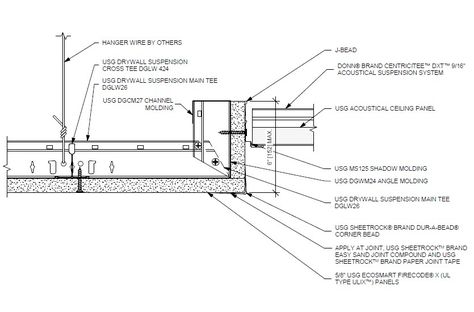 Design Details Details Page - DWSS Transition to ACT - Drywall Edge with MS125 Shadow Molding Detail - 2D Revit Ceiling Detail Drawing, Molding Detail, Detail Drawing, Gypsum Ceiling, Gypsum Board, Ceiling Detail, Detailed Drawings, Drywall, Design Details