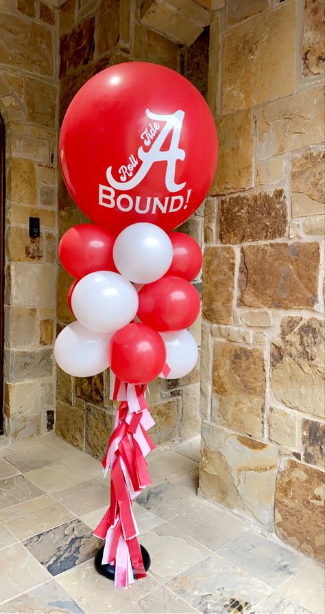 Bama Graduation Party, Outside Grad Party, Alabama Party Decorations, College Reveal Party, Preppy Graduation Party, Alabama Graduation Party, College Send Off Party Ideas, Graduation Breakfast, College Balloons