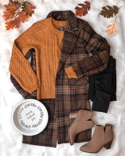 Fall Outfits Flat Lay, Brown Plaid Coat Outfit, Sweater Flatlay, Fall Flatlay, Brown Plaid Coat, Plaid Coat Outfit, Outfit Flatlay, Fall Coat Outfit, Songwriting Tips