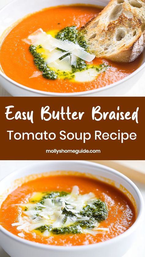 Indulge in the ultimate comfort food with this rich and flavorful butter-braised tomato soup. The gentle slow-cooking process enhances the natural sweetness of tomatoes, creating a luxurious texture that will warm you from the inside out. Perfect for cozy nights or weekend gatherings, this soup is easy to make and impossible to resist. Treat yourself to a bowl of pure comfort with every spoonful of this delicious butter-braised tomato soup recipe. Tomato Bisque Recipe, Best Tomato Soup, Soup Lovers, Tomato Soup Homemade, Tomato Soup Recipe, Tomato Bisque, Pureed Soup, Easy Butter, Best Butter