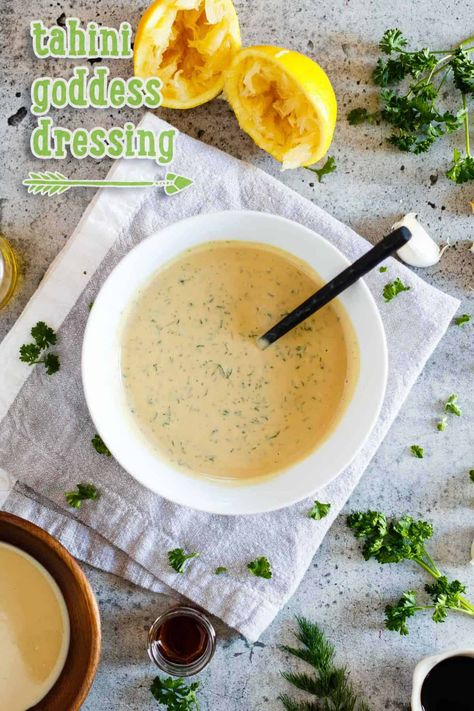 Vegan Tahini Goddess Dressing (Chopped Leaf Copycat) » I LOVE VEGAN Healthy Homemade Salad Dressing Recipes, Goddess Dressing Recipe, Homemade Salad Dressing Healthy, Dressing Recipes Thanksgiving, Goddess Dressing, Salad Dressing Recipes Homemade, Vegan Sauces, Homemade Salads, Fun Salads