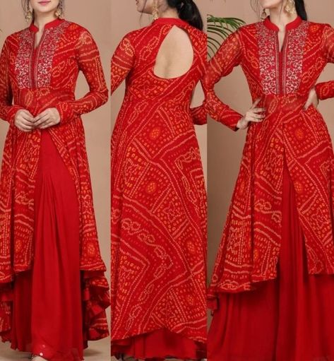 Indowestern Bandhani Outfits, Bandhini Cotton Dress Patterns, Bandani Dresses Pattern, Neck Designs For Bandhani Suits, Bhandej Dress Designs, Badhni Saree Blouse Design, Latest Bandhani Dress Pattern, Badhni Design Kurti, Bandani Dresses Indian