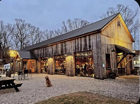 Modern Farm Restaurant, Barndominium Restaurant, Farm Cafe Design, Distillery Restaurant, Outdoor Brewery, Brewery Bar Design, Farm Outbuildings, Farm Shop Buildings, Farm Building Ideas